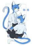  anthro belt blep blue_body blue_fur bottomwear businesswear claws clothed clothing domestic_cat dress_shirt duo felid feline felis fur furgonomics hand_on_hip hand_on_knee hand_on_leg hand_on_shoulder hi_res inner_ear_fluff kneeling kun_(artist) leaned_back looking_at_viewer looking_back male male/male mammal open_clothing open_shirt open_topwear pants paws raised_tail shirt simple_background sitting smile tail tongue tongue_out topwear tuft whiskers white_body white_fur yellow_eyes 