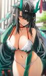  1girl arknights arm_tattoo bikini black_hair breasts choker colored_skin cowboy_shot dragon_girl dragon_horns dragon_tail dusk_(arknights) flame-tipped_tail green_hair green_skin hair_over_one_eye hand_up highres horn/wood horns large_breasts long_hair multicolored_hair navel pointy_ears red_choker red_eyes solo streaked_hair swimsuit tail tattoo thighs very_long_hair white_bikini 