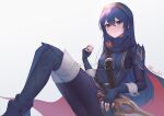  1girl artist_name blue_cape blue_eyes blue_gloves boots breasts cape commission fingerless_gloves fire_emblem fire_emblem_awakening gloves gold_trim highres lesu looking_at_viewer lucina_(fire_emblem) ribbed_legwear ribbed_pants ribbed_sweater small_breasts smile solo sweater sword thigh_boots tiara weapon white_background 
