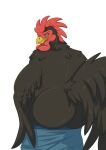  anthro atroquine avian biped bird black_body black_feathers butt chicken clothed clothing feathers galliform gallus_(genus) hi_res male phasianid simple_background solo tail_feathers topless topless_anthro topless_male white_background 