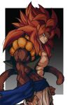  1boy absurdres biceps black_wristband blue_eyes blue_sash body_fur dragon_ball dragon_ball_gt gogeta highres looking_at_viewer male_focus metamoran_vest monkey_boy monkey_tail muscular muscular_male no_nipples pants pectorals red_hair relio_db318 sash simple_background smile smirk solo spiked_hair super_saiyan super_saiyan_4 tail veins veiny_hands white_pants 