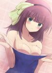 1girl angel_beats! bare_arms bare_shoulders bathroom black_hairband blue_one-piece_swimsuit blunt_bangs blush bow breasts cleavage closed_mouth clothes_pull collarbone commentary_request eyelashes eyes_visible_through_hair fingernails frown green_bow green_eyes hair_bow hairband highres indoors lelie_(lelie_link) looking_at_viewer medium_breasts medium_hair nakamura_yuri nipple_slip nipples one-piece_swimsuit one-piece_swimsuit_pull pulled_by_self purple_hair shiny_skin shy solo straight_hair swimsuit tile_wall tiles undressing upper_body w_arms wet wet_clothes wet_swimsuit 