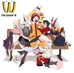  1boy 6+girls absurdres ahoge akumi_(yoclesh) animal_ears artist_name bandaid bandaid_on_face bench black_hair blonde_hair blue_eyes blush boots bow breasts brown_eyes burger cat_ears cat_girl cat_tail colored_skin commentary dyarikku_(vtuber) english_commentary fang food full_body grey_eyes grey_hair hair_bow high_heel_boots high_heels highres horns hugging_another&#039;s_leg long_hair long_sleeves looking_at_viewer mcdonald&#039;s medium_breasts momote momote_(vtuber) multiple_girls one_eye_closed oni oni_horns open_mouth pantyhose pink_hair rabbit_ears rabbit_girl red_eyes red_hair red_skin ronald_mcdonald second-party_source short_hair shyrei_faolan simple_background sitting tail tongue tongue_out virtual_youtuber vyugen watermark white_background yenko_(vtuber) yuniiho_(vtuber) 