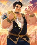  1boy bara belly blush bulge cloud cloudy_sky cowboy_shot crave_saga daisukebear facial_hair fighting_stance full_beard glint goatee highres large_bulge large_pectorals male_focus mature_male muscular muscular_male orange_sky original paid_reward_available pectoral_cleavage pectorals plump protagonist_(crave_saga) raised_fists short_hair shoulder_tattoo sky smile solo tattoo v-shaped_eyebrows 