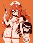  bandage_on_face bandages black-framed_eyewear black_choker black_collar blood blood_splatter blush body_freckles breasts choker cleavage collar freckles glasses gloves hat holding holding_syringe kaz_(parororo) large_breasts mask monster mouth_mask nurse nurse_cap orange_background orange_hair original parororo simple_background skindentation syringe thick_thighs thighhighs thighs trick_or_treat white_gloves white_thighhighs 