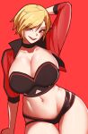  1girl absurdres arm_behind_head bandeau black_bandeau black_bikini_bottom black_choker blonde_hair breasts choker cleavage contrapposto cropped_jacket got_ji_(gojich1) highres large_breasts multi-strapped_bikini_bottom navel original parted_lips red_background red_eyes red_lips shiny_skin short_hair short_sleeves solo stomach thigh_gap 