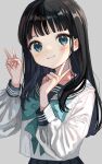  1girl absurdres akebi-chan_no_serafuku akebi_komichi black_hair black_sailor_collar blue_bow blue_eyes blue_neckerchief blunt_bangs blush bow closed_mouth double_v grey_background hands_up highres long_hair long_sleeves looking_at_viewer maple_(abc2215) neckerchief pleated_skirt roubai_academy_school_uniform_(old) sailor_collar school_uniform serafuku shirt simple_background skirt smile solo v white_shirt 