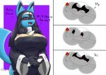  absurd_res anthro big_breasts black_body blue_body border breasts clothed clothing dialogue eirasnowy english_text female generation_4_pokemon hi_res lucario nintendo nun nun_outfit open_mouth pokemon pokemon_(species) purple_background red_eyes signature simple_background solo tan_body text white_border 