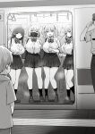  4girls age_difference aimi_(sky-freedom) bow bowtie breast_pocket breasts bubble_tea character_request covered_mouth highres himeko_(sky-freedom) large_breasts long_hair looking_at_another mask monochrome mouth_mask multiple_girls open_mouth original pleated_skirt pocket school_uniform shirt_tucked_in short_hair short_sleeves skirt sky-freedom smile subway thighs twintails 