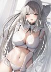  1girl :d arm_under_breasts blush bra breasts cleavage commentary_request elbow_gloves frills gloves grey_eyes grey_hair large_breasts liya long_hair maid maid_headdress navel open_mouth original panties smile solo stomach underwear white_bra white_gloves white_headwear white_panties 