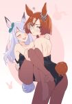  2girls animal_ears aqua_bow ass bare_shoulders black_leotard black_pantyhose bow breasts brown_hair closed_eyes closed_mouth commentary_request cowboy_shot ear_bow ear_ornament feet from_behind gradient_background hair_between_eyes highres horse_ears horse_girl horse_tail ikuno_dictus_(umamusume) leotard looking_at_viewer looking_back mejiro_mcqueen_(umamusume) multicolored_hair multiple_girls nape nontraditional_playboy_bunny open_mouth pantyhose purple_hair round_eyewear sinnra_art small_breasts strapless strapless_leotard streaked_hair tail teeth umamusume upper_teeth_only white_hair 
