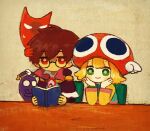  1boy 1girl amitie_(puyopuyo) blonde_hair book bracelet bright_pupils brown_hair clock crossed_arms elbows_on_table glasses green_eyes hair_between_eyes hands_on_own_cheeks hands_on_own_face hat holding holding_book jewelry klug_(puyopuyo) long_sleeves looking_at_another messy_hair nananameless open_book pale_skin puyo_(puyopuyo) puyopuyo reading red_eyes red_headwear short_hair sitting smile spirit strange_klug sweat white_pupils winged_hat 