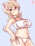  1girl animal_ears artist_logo bell blonde_hair blue_eyes bra breasts cat_cutout cat_ear_panties cat_ears cat_lingerie cat_tail cleavage cleavage_cutout clothing_cutout commentary_request cowboy_shot dated frilled_bra frills grey_background jingle_bell kanon_(kurogane_knights) kantai_collection large_breasts looking_at_viewer medium_hair meme_attire neck_bell one-hour_drawing_challenge panties side-tie_panties simple_background smile solo tail tuscaloosa_(kancolle) underwear underwear_only white_bra white_panties 
