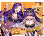  2girls 2sirokma0930 alternate_costume animal_ears bell black_hair blunt_bangs breasts bridal_gauntlets candle capelet cat_ears cat_tail claw_pose covered_navel fake_animal_ears fake_tail fire_emblem fire_emblem_awakening fire_emblem_echoes:_shadows_of_valentia hat highres jack-o&#039;-lantern large_breasts looking_at_viewer multiple_girls neck_bell one_eye_closed pelvic_curtain purple_hair sonya_(fire_emblem) sweatdrop tail tharja_(fire_emblem) witch_hat 