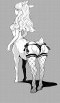  1girl animal_ears ass black_panties breasts centauroid deer_ears deer_girl deer_tail eroiroe fishnet_thighhighs fishnets from_behind grey_background highres hooves legs long_hair looking_back monochrome monster_girl nipples original panties side-tie_panties simple_background small_breasts solo tail taur thighhighs thighs topless underwear 