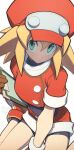  1girl blonde_hair brown_gloves clipboard gloves green_eyes hat hata4564 highres holding holding_clipboard long_hair mega_man_(series) mega_man_legends red_footwear red_headwear red_shorts roll_caskett_(mega_man) short_sleeves shorts sitting solo wariza 