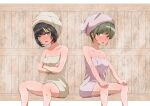  2girls @_@ absurdres blush breasts brown_hair check_commentary collarbone commentary commentary_request crossed_arms green_hair hands_on_own_knees highres hot idolmaster idolmaster_shiny_colors ikaruga_luca looking_at_another medium_breasts multicolored_hair multiple_girls naked_towel nanakusa_nichika open_mouth sauna sidelocks simple_background sitting small_breasts split_screen streaked_hair sweat towel towel_on_head very_mao very_sweaty wooden_wall 