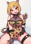  1girl :d animal_ears animal_print arm_at_side arm_strap bare_shoulders black_collar blonde_hair breasts claw_pose cleavage collar cowboy_shot fang fingerless_gloves fur-trimmed_gloves fur_collar fur_trim gloves green_ribbon grey_background grey_gloves hand_up head_tilt idolmaster idolmaster_million_live! kwaejina large_breasts legs_apart leopard_ears leopard_print leopard_tail leotard light_blush long_hair looking_at_viewer momose_rio open_mouth outstretched_hand parted_bangs pleated_skirt print_leotard red_eyes ribbon see-through shadow simple_background skirt smile solo straight_hair tail teeth thick_thighs thigh_strap thighs tongue upper_teeth_only yellow_leotard 