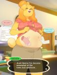  5_fingers animal_crossing anthro belly belly_grab big_belly big_breasts blonde_hair bodily_fluids bottomwear breasts canid canine canis cherrikissu clothed clothing dialogue disembodied_hand domestic_dog english_text eyes_closed female female_focus fingers fur hair hi_res inside isabelle_(animal_crossing) mammal midriff nintendo pregnant pregnant_anthro pregnant_female shih_tzu skirt solo_focus speech_bubble standing sweat text topwear toy_dog yellow_body yellow_fur 