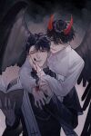  2boys arms_around_neck black_eyes black_hair black_nails black_wings blood blood_on_hands book collared_shirt cross cross_necklace demon_horns diffraction_spikes floating gloves hair_between_eyes heterochromia highres holding holding_book horns iron_cross jewelry kim_dokja kkkktzr1 looking_at_another male_focus multiple_boys necklace omniscient_reader&#039;s_viewpoint open_mouth shirt short_hair smile sparkle upper_body white_shirt wings yellow_eyes yoo_joonghyuk 
