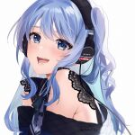  1girl :d armpit_crease bare_shoulders blue_eyes blue_hair headphones hololive hoshimachi_suisei k-rumi one_side_up open_mouth simple_background smile solo sony star_(symbol) star_in_eye symbol_in_eye upper_body virtual_youtuber white_background 