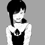  1girl black_choker black_hair chainsaw_man choker crying crying_with_eyes_open dress grey_background greyscale higashiyama_kobeni highres kurosaki_yo looking_at_viewer medium_hair mole mole_on_cheek mole_under_eye mole_under_mouth monochrome nervous open_mouth pinafore_dress saliva short_ponytail side_ponytail simple_background single_sidelock sleeveless sleeveless_dress snot solo sweat sweating_profusely swept_bangs tears 