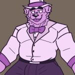  2d_(artwork) anonymous_artist anthro bow_ribbon canid canine canis clothed clothing domestic_dog dress_shirt five_nights_at_freddy&#039;s fur hair hat headgear headwear hi_res male mammal muscular muscular_male necktie purple_body purple_fur purple_hair scottgames shirt smile solo suit topwear uhyeah youtube youtuber 