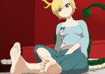  1girl absurdres antlers barefoot blonde_hair blue_shirt bonobo_(odenokaz) dragon_girl dragon_horns dragon_tail highres horns kicchou_yachie red_eyes shirt short_hair soles square_neckline tail touhou turtle_shell yellow_horns 