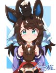  1girl absurdres ahoge animal_on_head awaji_(hotel_kyuu_awaji) black_hair blue_eyes blush cape closed_mouth creature_and_personification daring_tact_(racehorse) daring_tact_(umamusume) hair_ornament highres horse_girl liberty_island_(racehorse) medium_hair on_head portrait school_uniform signature smile solo tiara tracen_school_uniform umamusume 