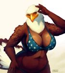  accipitrid accipitriform american_eagle american_flag_bikini anthro avian bald_eagle beak big_breasts bird breasts brown_body brown_feathers cleavage clothed clothing eagle eyewear feathers female hi_res looking_at_viewer sea_eagle simple_background smile solo sunglasses tail_feathers tenynn white_background white_body white_feathers 