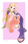  1girl absurdres ahoge arms_behind_back barefoot blonde_hair blush boots border bow cape convenient_leg feet fire_emblem fire_emblem_awakening flat_chest foot_focus foreshortening full_body green_nails heart_pendant highres knee_up leaning_back legs lips long_hair looking_at_viewer nowi_(fire_emblem) on_ground parted_bangs pink_bow pink_thighhighs pointy_ears purple_background purple_cape purple_eyes purple_footwear sidelocks sitting smile soles solo staerk sweatdrop thigh_boots thighhighs tiara toes twitter_username white_border 