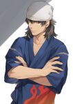  1boy aragaki_shinjirou bandana black_hair brown_hair closed_mouth crossed_arms flame_print hair_between_eyes isa_(peien516) japanese_clothes jinbei_(clothes) looking_at_viewer male_focus persona persona_3 simple_background solo upper_body white_bandana 