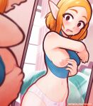  1girl blush breasts casual davitsu dressing highres indoors looking_at_mirror mirror navel one_breast_out open_mouth panties pointy_ears princess_zelda reflection the_legend_of_zelda the_legend_of_zelda:_breath_of_the_wild underwear 
