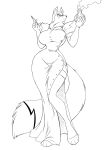  2023 absurd_res anthro barefoot big_breasts black_and_white breasts canid canine chemical chochi clothing curvy_figure digital_drawing_(artwork) digital_media_(artwork) dipstick_tail dr._vulpecula dress eyewear feet female flask fox fumes glasses hi_res hourglass_figure mammal markings monochrome neck_tuft pen scientist slit_dress solo tail tail_markings thigh_strap tight_clothing tight_dress tuft wide_hips 