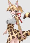  1girl :d absurdres animal_ear_fluff animal_ears blonde_hair bow bowtie brown_eyes center_frills commentary extra_ears frills from_side grey_background hair_between_eyes high-waist_skirt highres kemono_friends large-spotted_genet_(kemono_friends) long_sleeves looking_at_viewer multicolored_hair open_clothes print_skirt simple_background skirt smile solo striped_tail tail tanabe_(fueisei) white_bow white_bowtie 