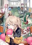  5girls ahoge balloon black_shirt blonde_hair blue_eyes blue_hair blue_nails brown_eyes cardigan chair closed_eyes green_hair hallway highres hitogome indoors kasukabe_tsumugi kotonoha_akane kotonoha_aoi ladder light_blush long_hair long_sleeves multiple_girls nail_polish one_eye_closed open_cardigan open_clothes open_mouth pink_hair pleated_skirt red_skirt shirt short_hair skirt sweater_vest touhoku_zunko very_long_hair voiceroid voicevox window zundamon 