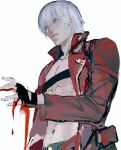  1boy bishounen black_gloves blood blood_on_hands blue_eyes chaloobie coat dante_(devil_may_cry) devil_may_cry_(series) devil_may_cry_3 gloves injury long_hair red_coat white_hair 