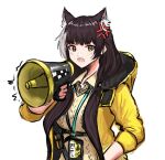  1girl anger_vein animal_ear_fluff animal_ears black_hair blush brown_shirt collared_shirt commentary girls&#039;_frontline grey_hair hair_over_shoulder heterochromia highres holding hood hood_down hooded_jacket jacket long_hair long_sleeves looking_at_viewer low_twintails megaphone multicolored_hair open_clothes open_jacket open_mouth red_eyes rennn_(ilobeste) ro635_(girls&#039;_frontline) shirt simple_background solo streaked_hair sweater_vest symbol-only_commentary twintails upper_body v-shaped_eyebrows very_long_hair white_background yellow_eyes yellow_jacket 