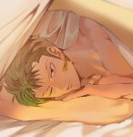  1boy bed closed_mouth earrings green_hair jewelry long_sideburns looking_at_another lying male_focus on_bed on_side one_eye_closed one_piece roronoa_zoro runa_(nori31291404) short_hair sideburns solo topless_male 
