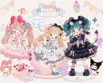  3girls animal_ear_hairband animal_ears apron aqua_footwear aqua_hair aqua_socks arrow_(projectile) artist_name back_bow belt_buckle black_apron black_bow black_dress black_footwear black_gloves black_socks blonde_hair blue_dress blue_eyes blush_stickers bow bow_button bow_legwear brown_hair buckle candy character_print child cinnamoroll commentary copyright_name cup cupcake demon_tail dog_ears dress dress_bow eyeshadow fang fingerless_gloves floppy_ears flower food frilled_apron frilled_bow frilled_dress frilled_gloves frilled_sleeves frilled_socks frills full_body garland_(decoration) gingerbread_man gloves hair_bow hair_flower hair_ornament hairclip hand_on_own_cheek hand_on_own_face heart heart_hair_ornament heart_necklace heart_on_cheek highres ice_cream jewelry kneehighs kuromi leg_up lolita_fashion long_hair looking_at_viewer makeup mary_janes multiple_girls multiple_hair_bows my_melody napkin necklace one_eye_closed open_mouth original pink_bow pink_dress pink_eyeshadow pink_flower pink_footwear pink_leg_warmers pink_rose pink_socks plaid plaid_dress polka_dot polka_dot_dress pom_pom_(clothes) puffy_short_sleeves puffy_sleeves purple_bow purple_eyes putong_xiao_gou rabbit_ears ribbon-trimmed_dress rose sanrio see-through_dress_layer shadow shoes short_dress short_sleeves single_kneehigh single_sock smile socks sparkle star_(symbol) straight-on striped striped_bow striped_socks stuffed_animal stuffed_rabbit stuffed_toy tail tail_bow tail_ornament teacup teeth thighhighs toast twintails two-tone_socks upper_teeth_only very_long_hair waist_apron wavy_hair white_apron white_background white_thighhighs white_wrist_cuffs wrist_bow x_hair_ornament 