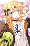  1girl :p black_bow black_choker blonde_hair blue_eyes blurry blurry_background blush bow brown_jacket choker closed_mouth collarbone commentary_request depth_of_field double_bun gochuumon_wa_usagi_desu_ka? hair_bow hair_bun hair_ornament hairclip heart_o-ring highres holding holding_stuffed_toy hood hood_down hooded_jacket jacket kirima_syaro long_sleeves looking_at_viewer off_shoulder open_clothes open_jacket ryoutan shirt smile solo star_(symbol) stuffed_animal stuffed_rabbit stuffed_toy tongue tongue_out upper_body v_over_eye white_shirt 