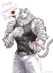  1boy animal_ears arknights bara bare_arms beckoning black_tank_top covered_abs cowboy_shot facial_hair furry furry_male goatee happy_valentine highres hujusheng large_pectorals looking_at_viewer male_focus mature_male mountain_(arknights) muscular muscular_male outstretched_hand pectorals reaching_towards_viewer short_hair sidepec smile solo tank_top thick_eyebrows tiger_boy tiger_ears valentine white_fur 