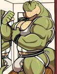  absurd_res anthro biceps body_hair bulge chest_hair clothing darknaigart dinosaur green_body handwear hi_res jace_(darknaig) jockstrap male mirror muscular muscular_anthro muscular_male pecs reptile scalie shaved solo teeth theropod tyrannosaurid tyrannosaurus tyrannosaurus_rex underwear yellow_eyes 