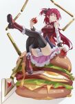  1girl absurdres apple black_ribbon black_thighhighs boots burger food fruit full_body hair_ribbon high_ponytail highres holding holding_food holding_fruit leg_up long_hair looking_at_viewer luai magical_girl mahou_shoujo_madoka_magica mahou_shoujo_madoka_magica_(anime) oversized_food oversized_object pocky polearm raised_eyebrows red_apple red_eyes red_footwear red_hair ribbon sakura_kyoko shiny_skin sitting_on_food smile smug solo thigh_gap thighhighs very_long_hair weapon white_background 