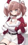  1girl absurdres alternate_costume atlanta_(kancolle) breasts brown_hair capelet choker dress earrings fur-trimmed_dress fur-trimmed_headwear fur_trim gloves hand_on_own_chest hat highres jewelry kantai_collection large_breasts long_hair looking_at_viewer merry_christmas red_capelet red_headwear santa_dress santa_gloves santa_hat sitting smile solo two_side_up white_dress yoshino_(mfmfpng) 