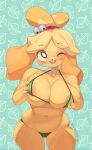  2023 absurd_res animal_crossing anthro areola areola_slip big_breasts bikini breasts bulging_breasts canid canine canis clothing collarbone domestic_dog eyebrow_through_hair eyebrows female fur green_bikini green_clothing green_swimwear hair hand_on_breast hi_res isabelle_(animal_crossing) looking_at_viewer lumpypaca mammal navel nintendo one_eye_closed open_mouth open_smile shih_tzu smile solo swimwear teeth toy_dog translucent translucent_hair wink yellow_body yellow_fur 