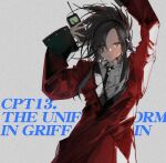 1girl absurdres angelia_(girls&#039;_frontline) arms_up black_hair black_necktie blueblossom closed_mouth coat collared_shirt expressionless girls&#039;_frontline hair_over_one_eye highres holding_walkie-talkie long_hair long_sleeves looking_at_viewer necktie red_coat shirt sketch solo upper_body walkie-talkie white_shirt 