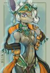  absurd_res accessory anthro armwear breasts clothed clothing eyelashes female fur grey_body grey_fur hair headgear headwear hi_res jewelry looking_at_viewer mammal mineru narrowed_eyes necklace nintendo ring smile solo tears_of_the_kingdom the_legend_of_zelda white_hair zonai 