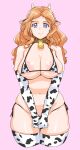  1girl absurdres animal_ears animal_print bell bikini blue_eyes breasts cleavage closed_mouth cow_ears cow_horns cow_print cowbell elbow_gloves fake_animal_ears fake_horns girls_und_panzer gloves highres horns isabe_(girls_und_panzer) kuppipi_ramutarou large_areolae large_breasts long_hair looking_at_viewer micro_bikini navel neck_bell orange_hair pink_background print_bikini print_thighhighs side-tie_bikini_bottom simple_background skindentation smile solo swimsuit thighhighs 