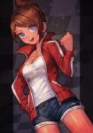 1girl asahina_aoi asymmetrical_hair blue_eyes blue_shorts breasts brown_hair checkered_background cleavage clenched_hand cowboy_shot danganronpa:_trigger_happy_havoc danganronpa_(series) dark-skinned_female dark_skin dutch_angle hair_ornament hairclip hand_in_pocket hungry_clicker jacket looking_at_viewer medium_breasts open_clothes open_jacket open_mouth parted_bangs pillarboxed red_jacket shirt short_hair short_shorts shorts smile solo standing track_jacket white_shirt 